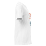 T-shirt donna morbida bianca, vista laterale destra con stampa More Pasta Less Drama sul fronte